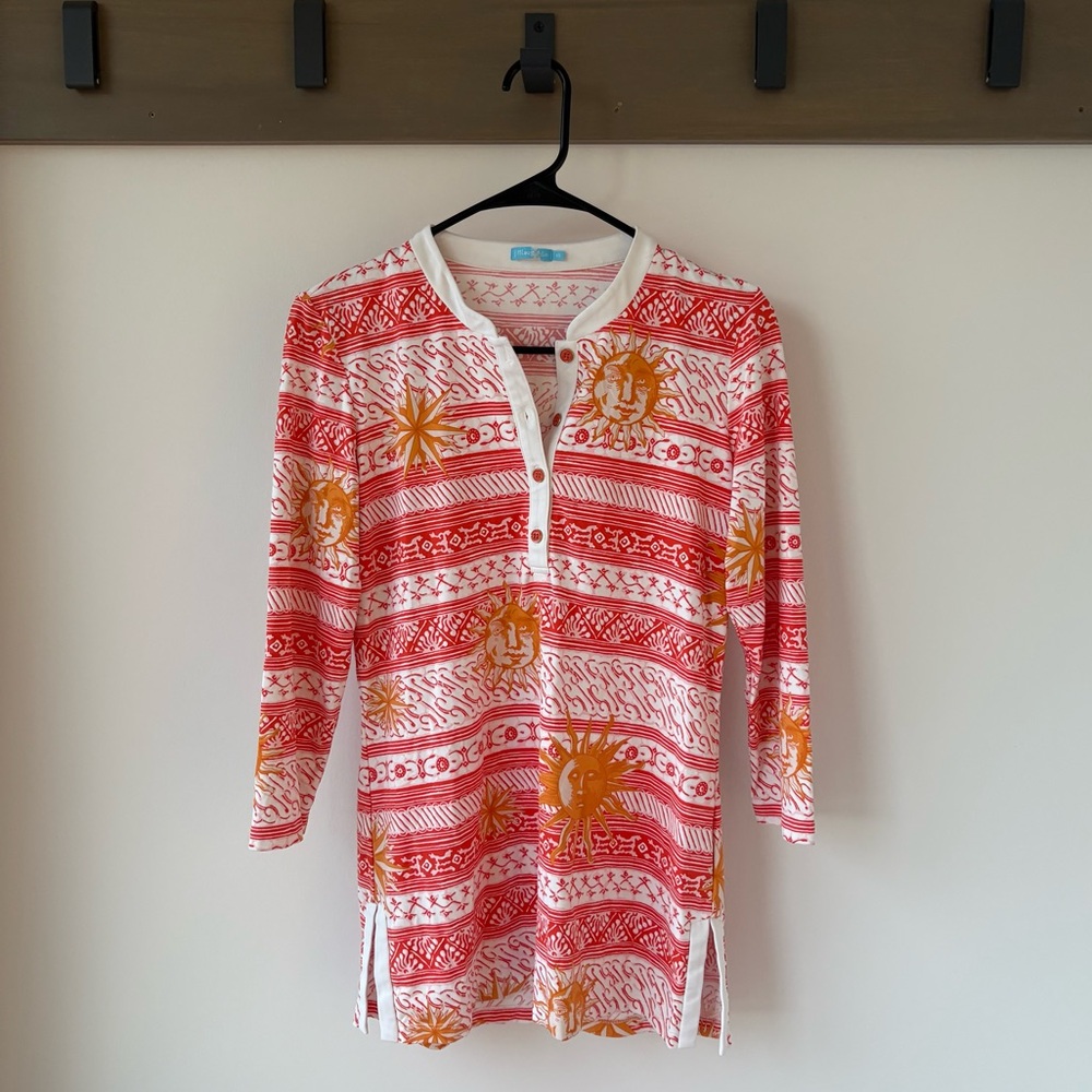 J.McLaughlin Sun Printed orange red Biscayne Tunic Top | Size XS